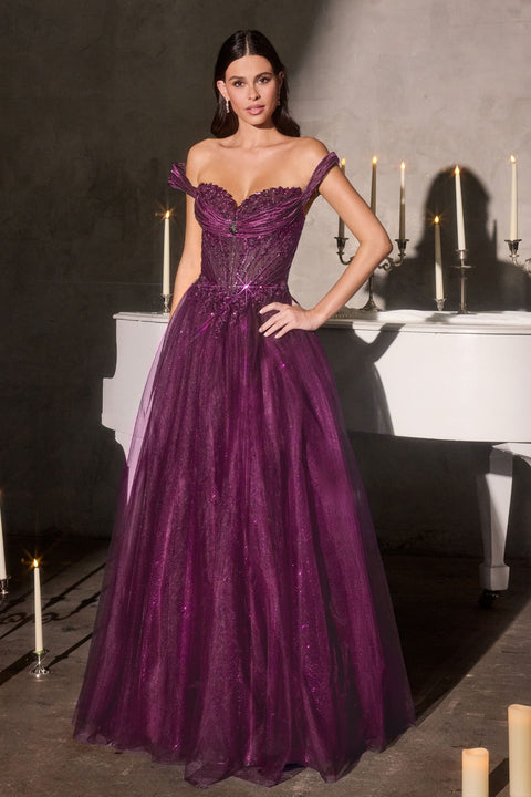 Ladivine CC493 glitter off shoulder a-line gown — front view