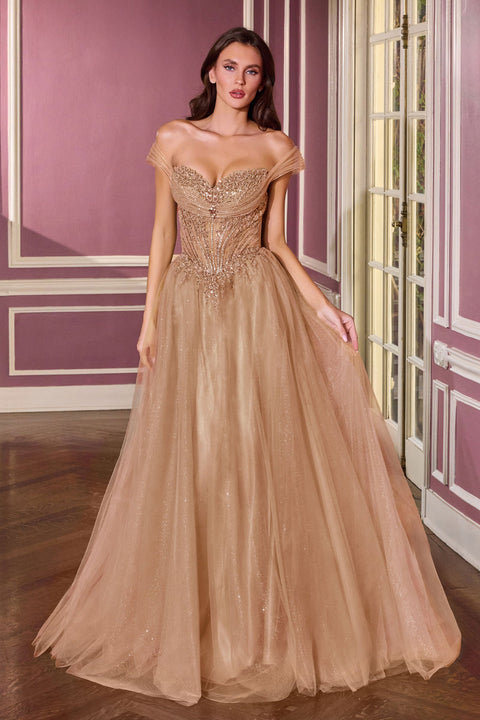 Ladivine CC493 glitter off shoulder a-line gown — front view