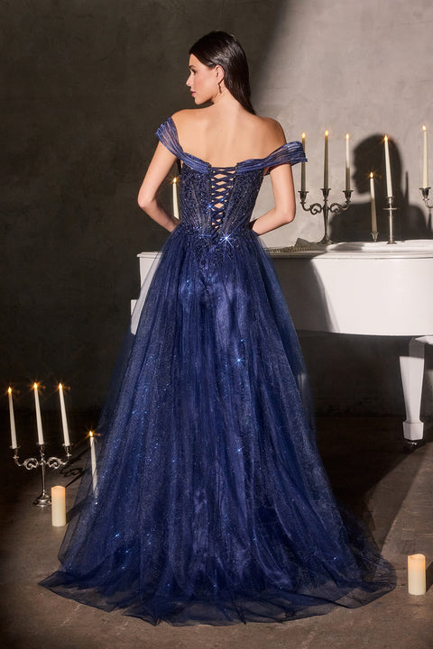 Ladivine CC493 glitter off shoulder a-line gown — back view