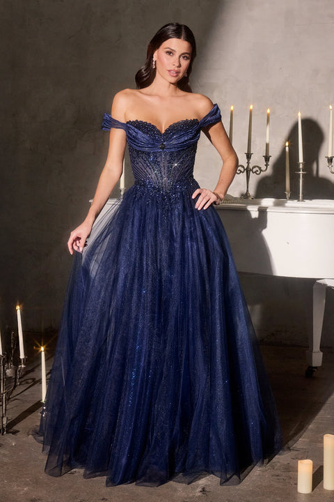 Ladivine CC493 glitter off shoulder a-line gown — front view