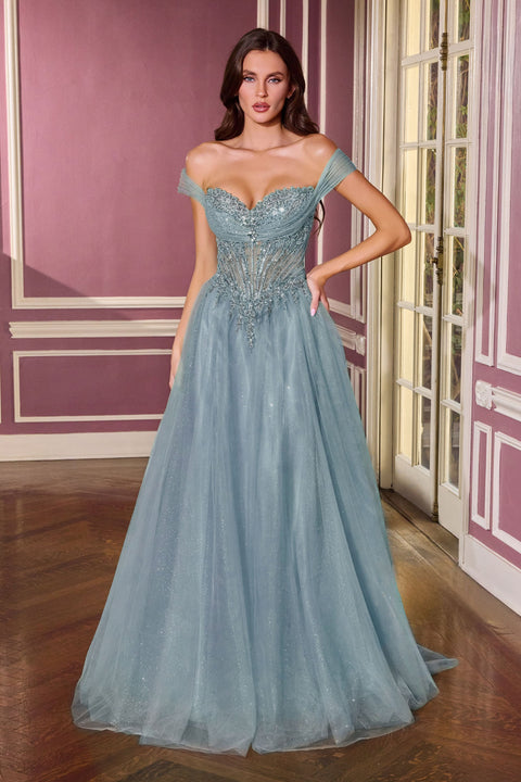 Ladivine CC493 glitter off shoulder a-line gown — front view