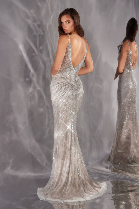 Ladivine CC498 beaded mesh sleeveless slit gown — back view