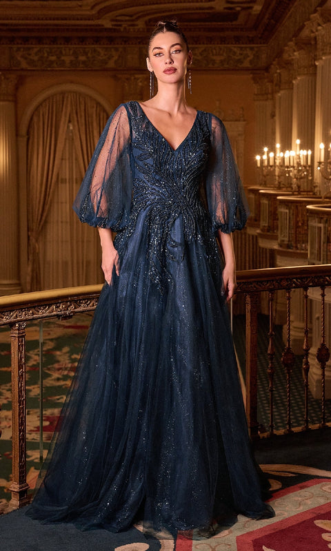 Ladivine CD0101 Balloon-Sleeve Blue Formal Gown with Elegant Silhouette