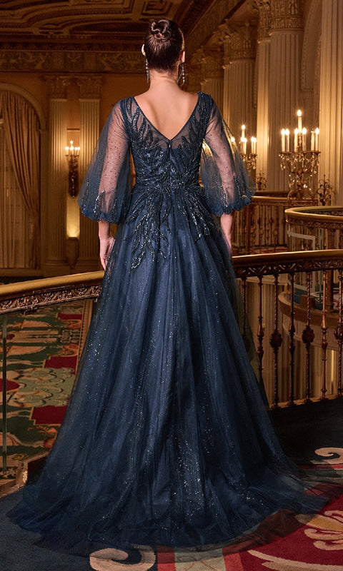 Ladivine CD0101 Balloon-Sleeve Blue Formal Gown with Elegant Silhouette
