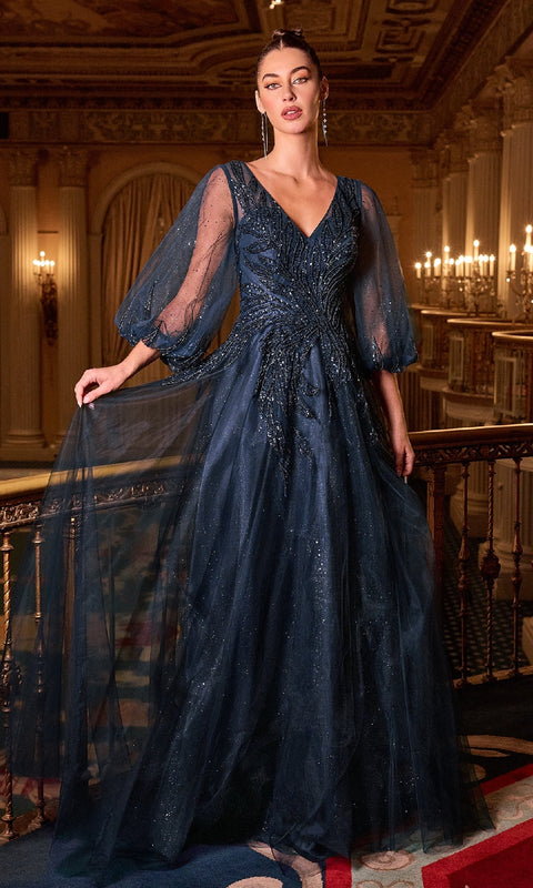 Ladivine CD0101 Balloon-Sleeve Blue Formal Gown with Elegant Silhouette