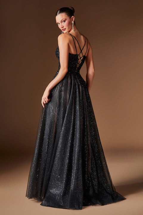 Ladivine CD2412 glitter sleeveless a-line slit gown — back view