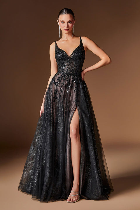Ladivine CD2412 glitter sleeveless a-line slit gown — front view