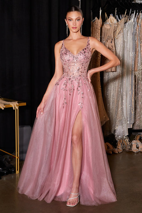 Ladivine CD2412 glitter sleeveless a-line slit gown — front view