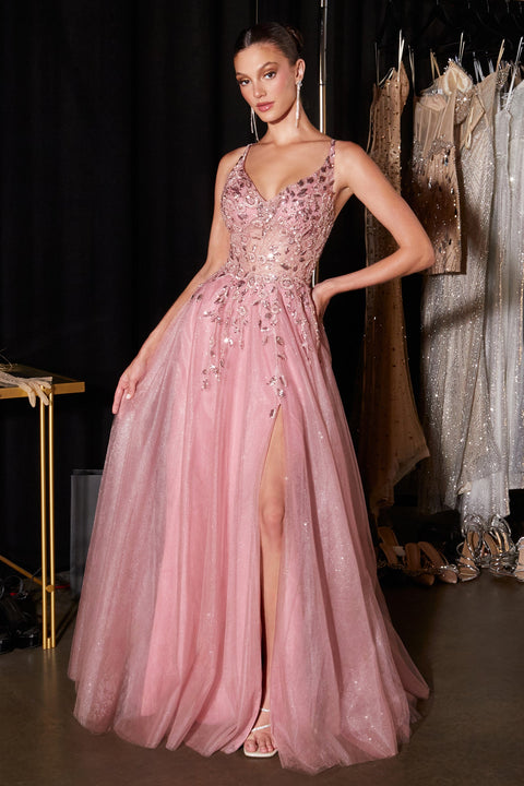 Ladivine CD2412 glitter sleeveless a-line slit gown — product view