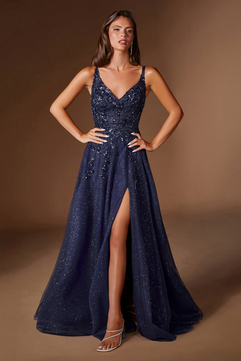 Ladivine CD2412 glitter sleeveless a-line slit gown — front view