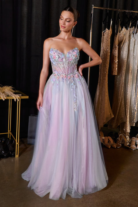 Ladivine CD2418 applique strapless a-line slit gown — product view