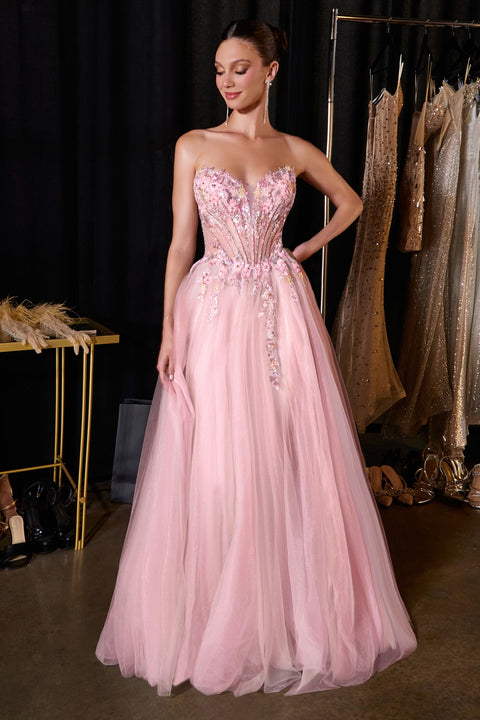 Ladivine CD2418 applique strapless a-line slit gown — front view