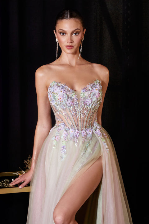 Ladivine CD2418 applique strapless a-line slit gown — product view