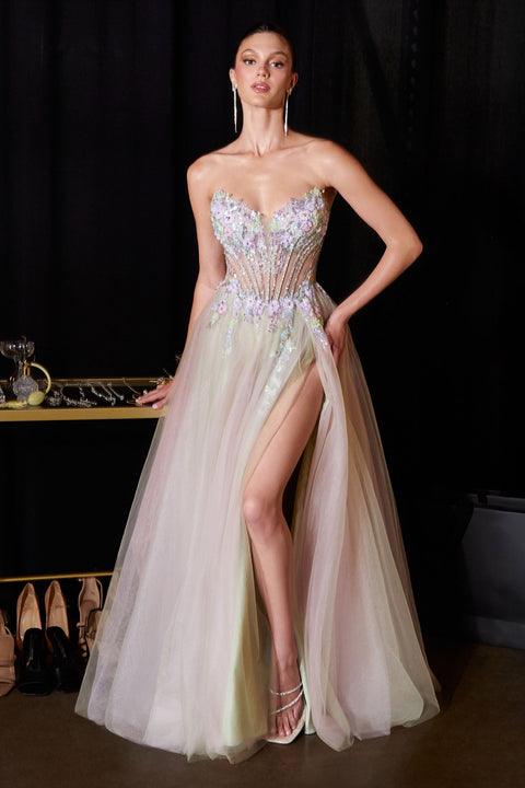 Ladivine CD2418 applique strapless a-line slit gown — front view
