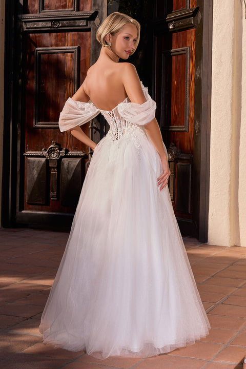 Ladivine CD2426W white applique off shoulder a-line gown — back view