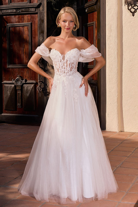 Ladivine CD2426W white applique off shoulder a-line gown — front view