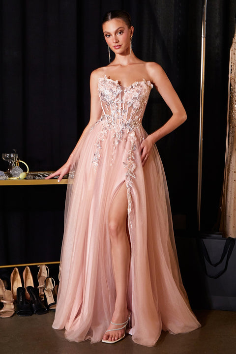 Ladivine CD2426 applique strapless a-line slit gown — front view