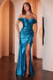 Ladivine CD370 Satin Fitted Off-Shoulder Corset Gown with Side Slit