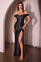 Ladivine CD370 Satin Fitted Off-Shoulder Corset Gown with Side Slit