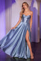 Ladivine CD378 Strapless A-line Satin Slit Gown with Corset Boning