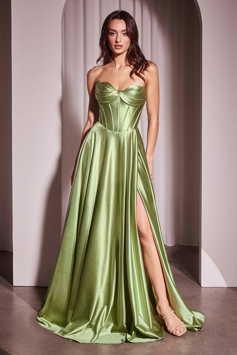 Ladivine CD378 Strapless A-line Satin Slit Gown with Corset Boning