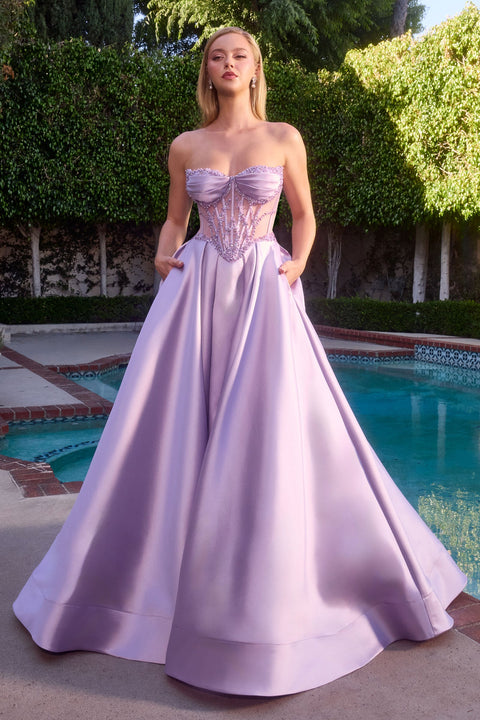 Ladivine CD389 Mikado Strapless A-Line Gown with Timeless Elegance