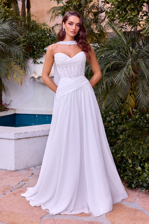 Ladivine CD395W White Chiffon Strapless A-Line Gown with Flowing Elegance
