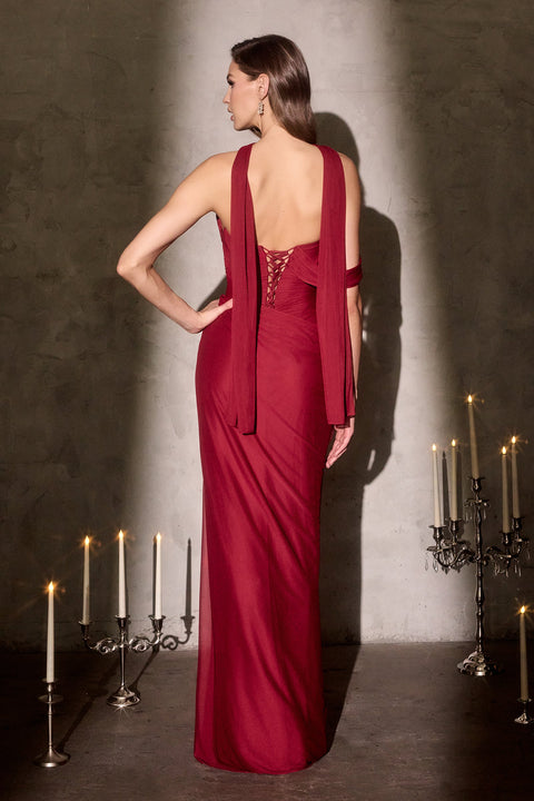 Ladivine CD406 chiffon off shoulder slit gown — back view