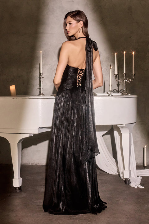 Ladivine CD412 chiffon halter a-line slit gown — back view