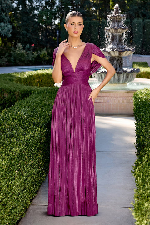 Ladivine CD413 chiffon cowl back a-line gown — front view