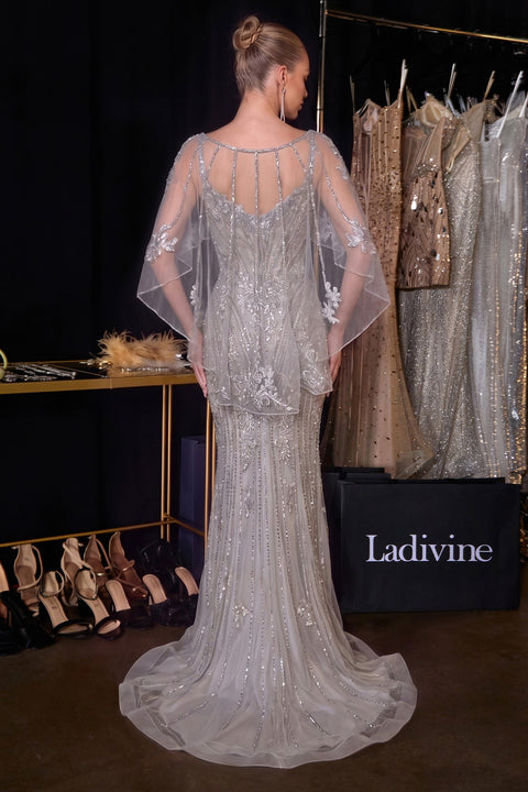 Ladivine CD637 sleeveless capelet mermaid dress — back view
