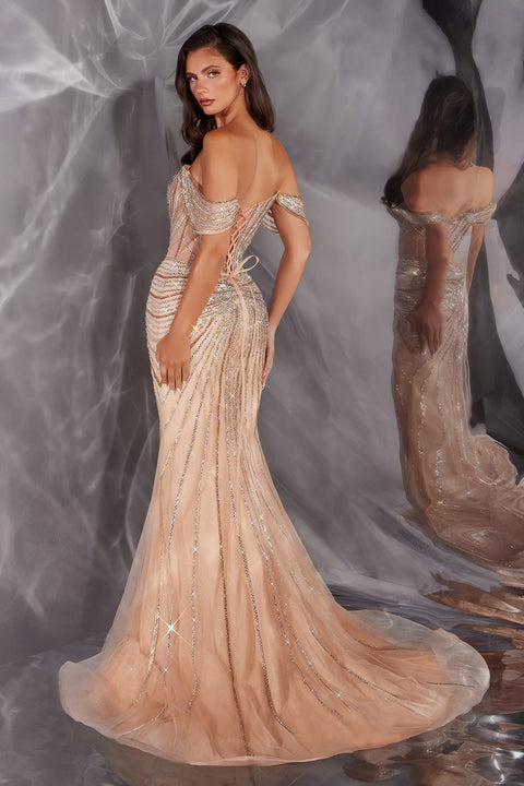 Ladivine CD654 beaded fitted off shoulder gown — back view