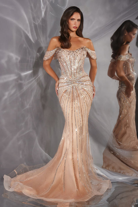 Ladivine CD654 beaded fitted off shoulder gown — front view