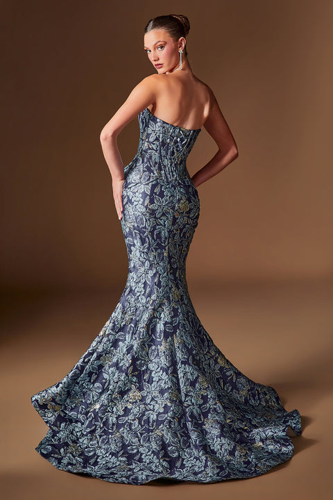 Ladivine CD655 jacquard print fitted shawl gown — back view