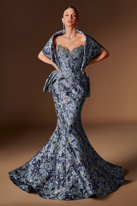Ladivine CD655 jacquard print fitted shawl gown — front view