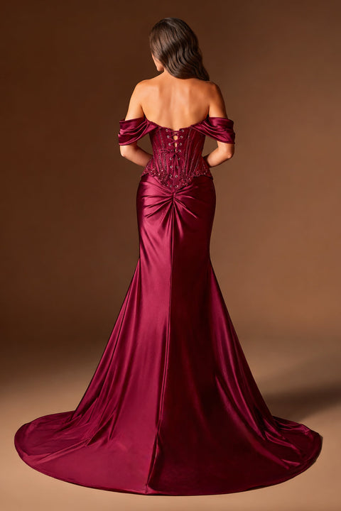 Ladivine CD656 beaded satin off shoulder slit gown — back view