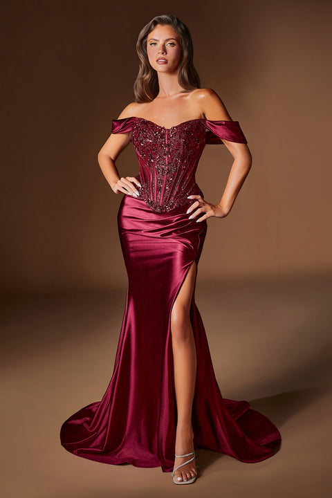 Ladivine CD656 beaded satin off shoulder slit gown — front view