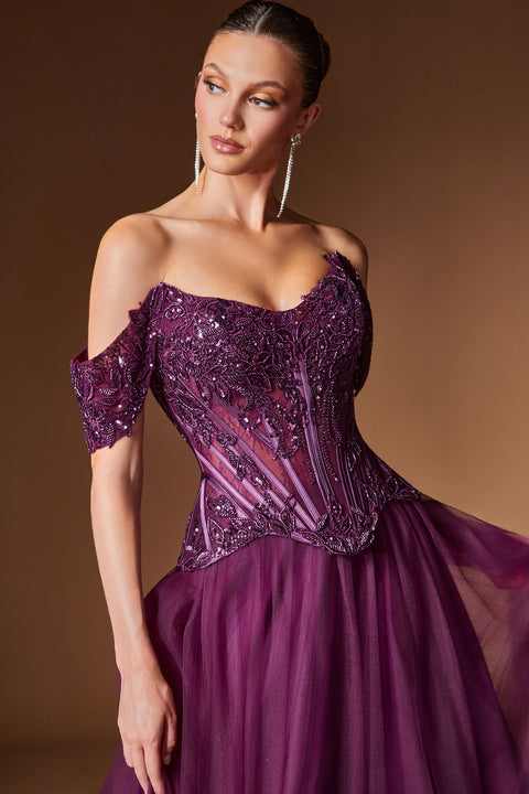 Ladivine CD657 applique off shoulder a-line gown — product view