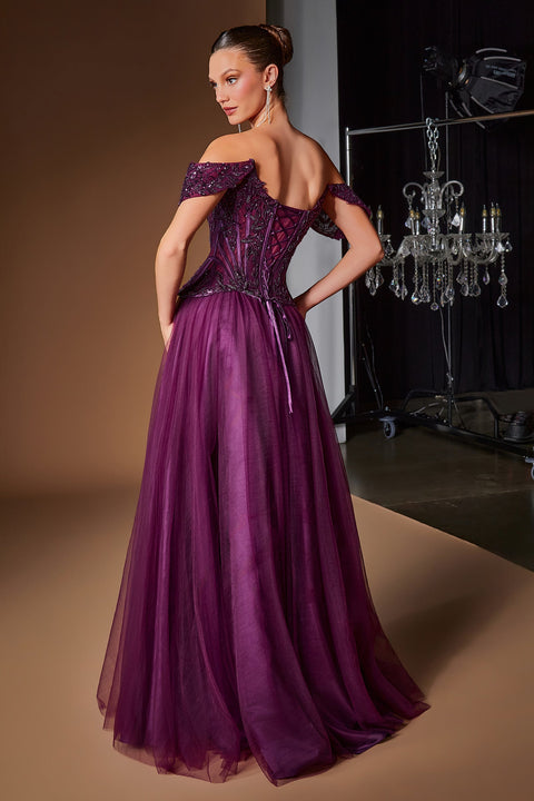 Ladivine CD657 applique off shoulder a-line gown — back view