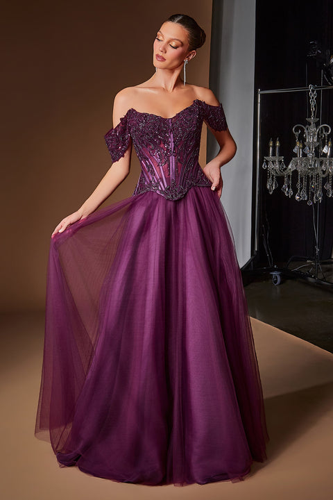 Ladivine CD657 applique off shoulder a-line gown — front view