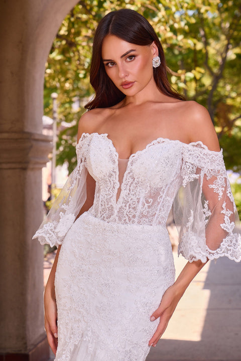 Ladivine CD659W white off shoulder bell sleeve gown — product view