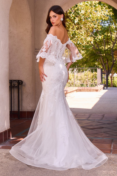 Ladivine CD659W white off shoulder bell sleeve gown — back view