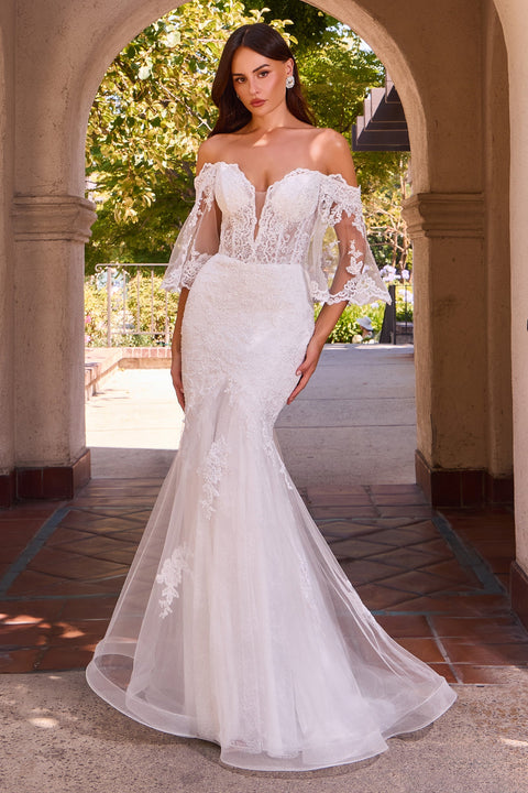 Ladivine CD659W white off shoulder bell sleeve gown — front view