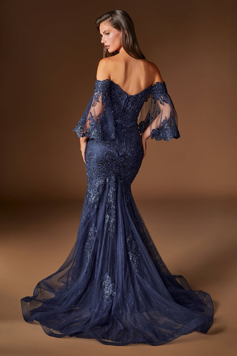 Ladivine CD659 lace off shoulder bell sleeve gown — back view