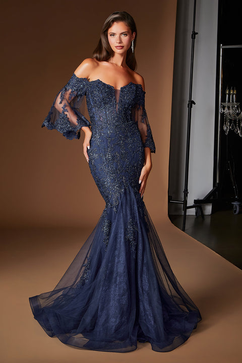 Ladivine CD659 lace off shoulder bell sleeve gown — front view