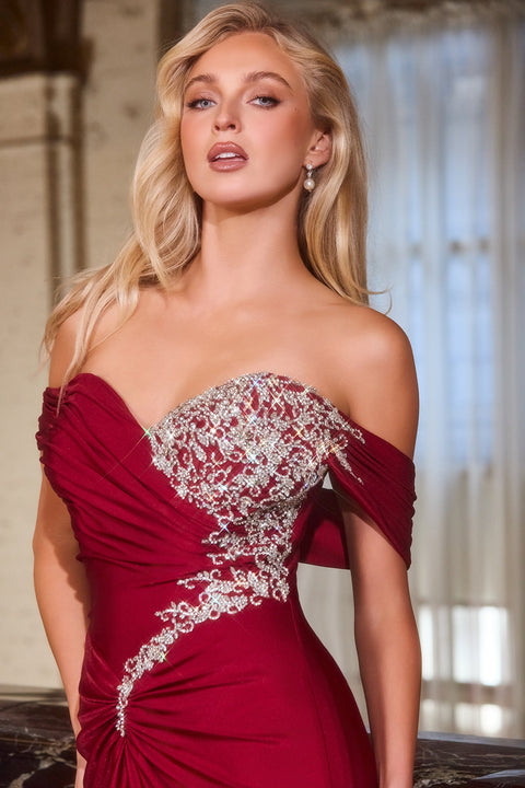 Ladivine CD667 Beaded Satin Off-Shoulder Gown with Elegant Silhouette