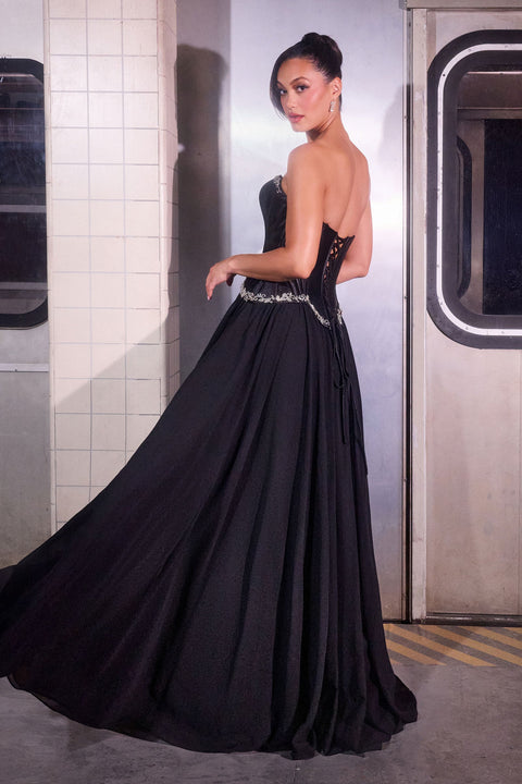 Ladivine CD668 satin chiffon strapless a-line gown — back view