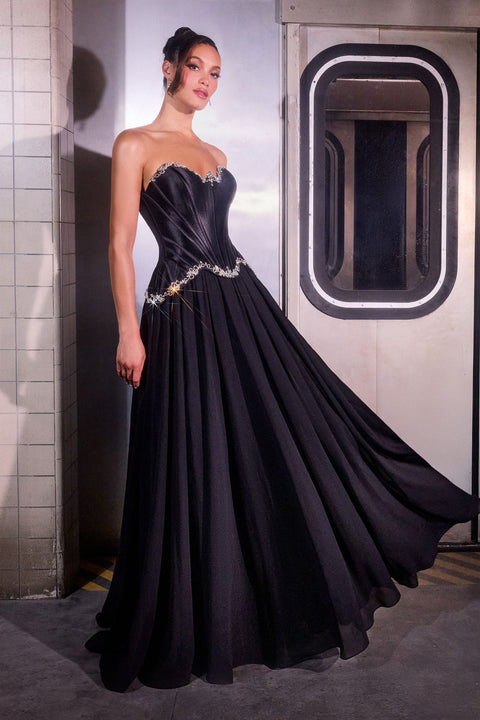 Ladivine CD668 satin chiffon strapless a-line gown — front view