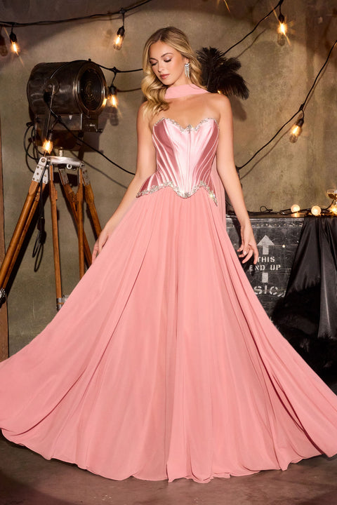 Ladivine CD668 satin chiffon strapless a-line gown — front view