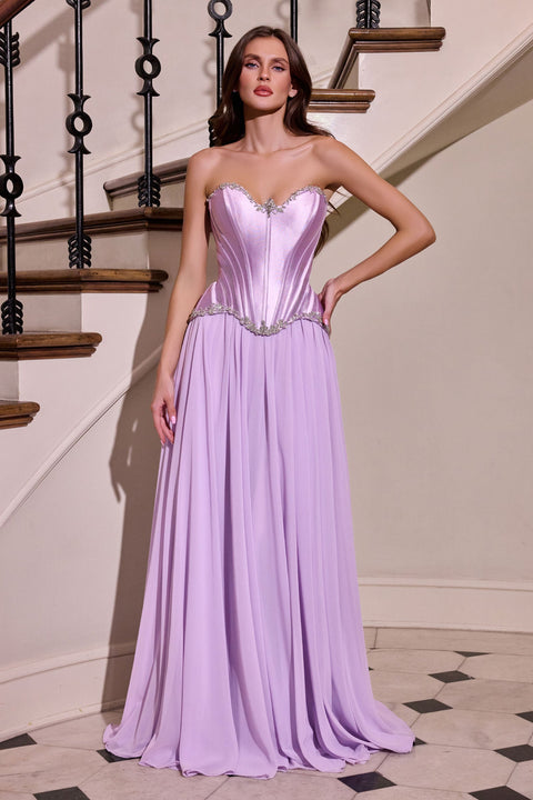 Ladivine CD668 satin chiffon strapless a-line gown — front view